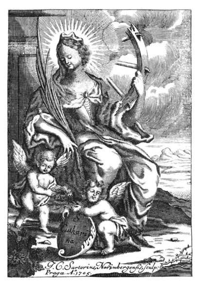 Vintage antyczne religijne alegoryczne rysowanie lub grawerowanie chrześcijańskiej świętej kobiety Katarzyny lub Katarzyny Aleksandryjskiej — Zdjęcie stockowe