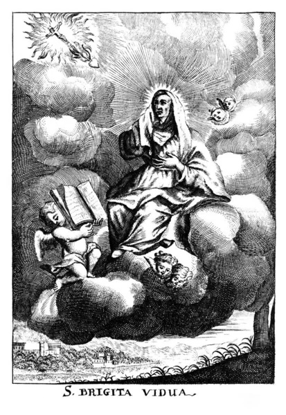 Vintage Antieke Religieuze Allegorische Tekening of gravure van de Christelijke Heilige Vrouw Sint Bridget van Zweden — Stockfoto