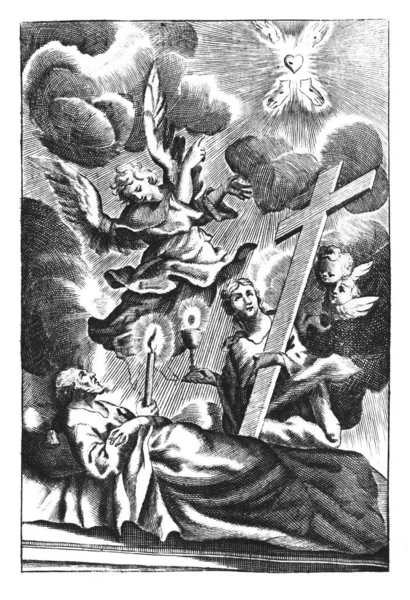 Vintage Antiguo Religioso Dibujo Alegórico o Grabado de Morir Anciano Dirigido por Ángel al Cielo y la Mujer sosteniendo la Cruz —  Fotos de Stock