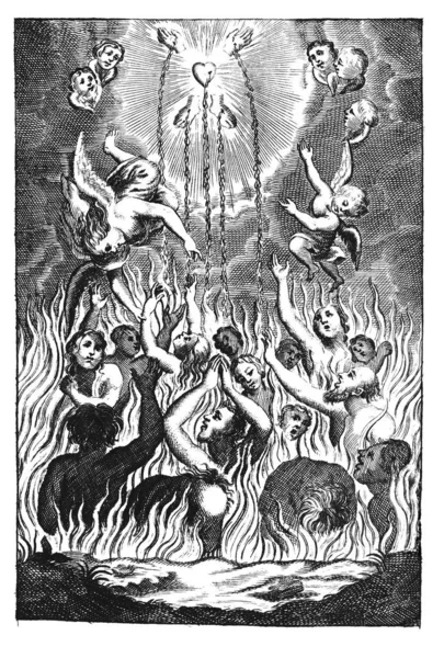 Dibujo alegórico religioso antiguo o grabado de personas o almas que sufren en el fuego del infierno y ángeles mostrándoles el camino al cielo por el sacrificio de Jesús —  Fotos de Stock