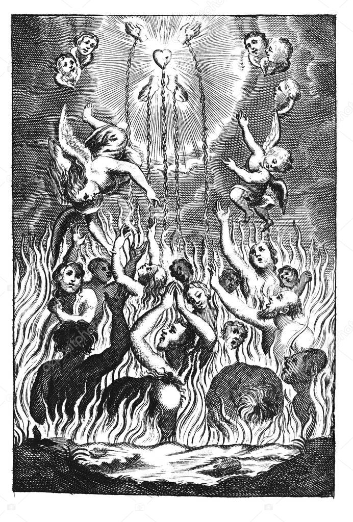 Vintage Antique Religious Allegorical Drawing or Engraving of People or Souls Suffering in Fire of Hell and Angels Showing Them the Way to Heaven by Sacrifice of Jesus