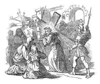 İsa 'nın çarmıha gerilmesi ve Kudüs' ün Kadınlarıyla Konuşması için Haç Taşıması. İncil, İncil, Yeni Ahit, Luke 23.