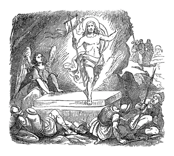 Vintage antieke religieuze bijbelse tekening of gravure van de opstanding van Jezus. Engel en Jezus verschijnt in de buurt van Tomb. Bijbel, Nieuwe Testament, Evangelie van Lucas, Johannes, Matteüs — Stockvector