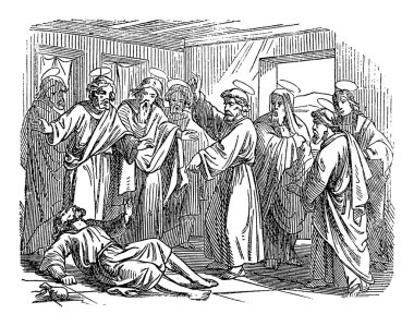 Antik Antik Dini Çizimler veya Hikaye Ananias ve Sapphira 'nın İşlemesi, Tanrı' ya para hakkında yalan söyledikleri için öldüler. İncil, Yeni Ahit, 4.