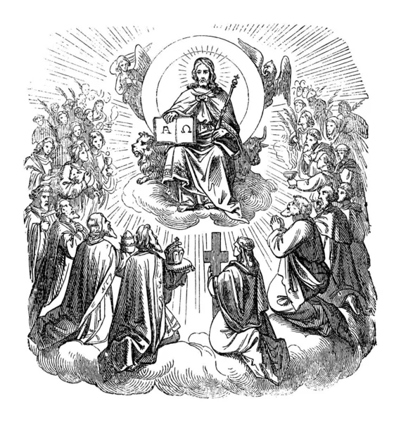 Vintage Antique Religious Biblical Drawing or Engraving of Jesus Christ Seiding on Throne as King in Haven Obklopen věřícími. Bible, Nový Zákon. — Stockový vektor