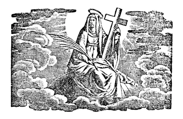 Vintage Antique Religious Allegorical Biblical Drawing or Engraving of Holy Woman or saint or Virgin Mary in Heaven Holding Cross.Bible,New Testament. — Stock Vector