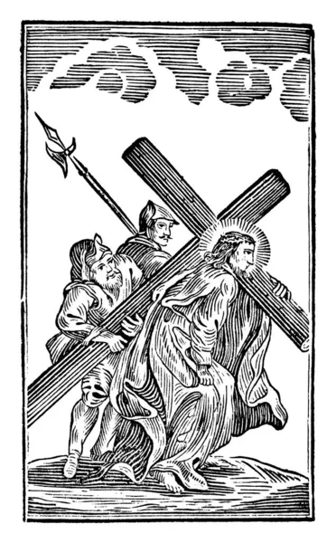 Vintage Antiquité Religieux Allégorie Biblique Dessin ou gravure de la 5ème ou 5ème Station de la Croix ou Chemin de Croix ou Via Crucis.Bible, Nouveau Testament . — Image vectorielle