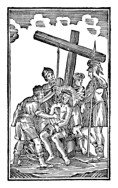 Vintage Antique Religious Allegorical Biblical Drawing or Engraving of 10th or Tenth Station of the Cross or Way of the Cross or Via Crucis.Bible,New Testament. — 스톡 벡터