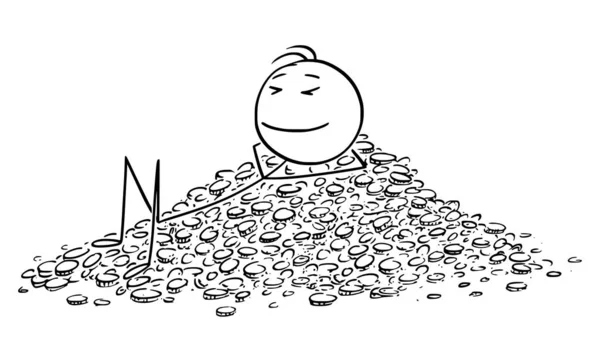 Vektor-Cartoon-Illustration eines erfolgreichen Mannes oder Geschäftsmannes, der es genießt, auf einem Haufen von Münzen oder Geld zu liegen — Stockvektor