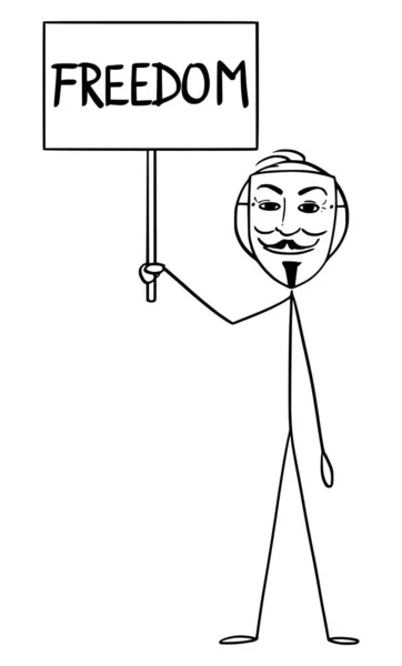 Vector Cartoon Illustration of Man in Guy Fawkes Mask Holding Freedom Sign — ストックベクタ