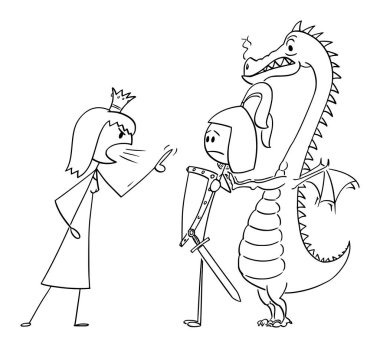 Kraliçe 'nin vektör karikatürü ya da Prenses Şövalye, Savaşçı Prens ve Ejderhaya Bağırıyor. İlişki sorunu..