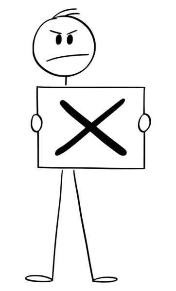 Ilustración de dibujos animados vectoriales del hombre o del hombre de negocios que sostiene el signo de la marca de verificación, símbolo negativo de no o rechazo . — Archivo Imágenes Vectoriales