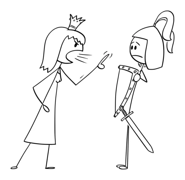 Vektorové kreslené ilustrace královny nebo princezny křičí na rytíře nebo bojovníka nebo prince.Vztah Problém. — Stockový vektor