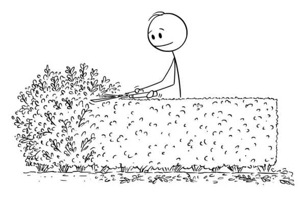 Vektor-Cartoon-Illustration von Mann oder Gärtner beim Schneiden oder Schneiden der Hecke mit Schere oder Gartenschere — Stockvektor