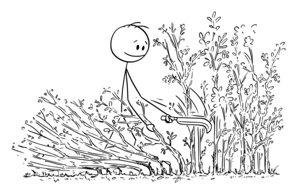 Ilustração dos desenhos animados do vetor do homem ou do jardineiro que coloca a sebe no campo — Vetor de Stock