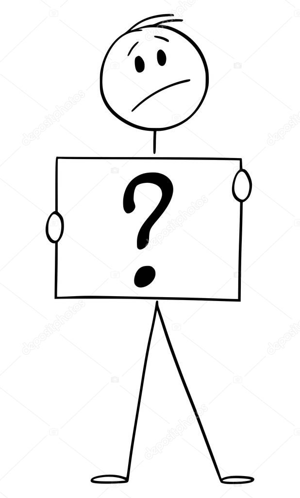 Vector Cartoon Illustration of Man or Businessman Holding Question Mark or Symbol Sign