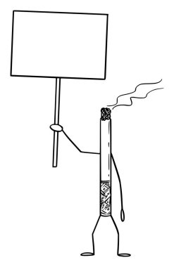 Sigara İçen Çizgi Film Karakteri Elinde Boş Tabelayı Tutuyor. Vektör İllüstrasyonu