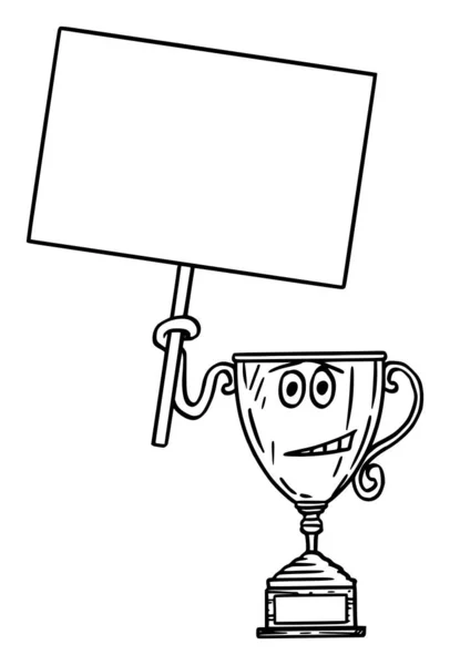 Winner Trophy Cup Cartoon Character Holding Empty Sign in Hand. Vector Illustration — 스톡 벡터