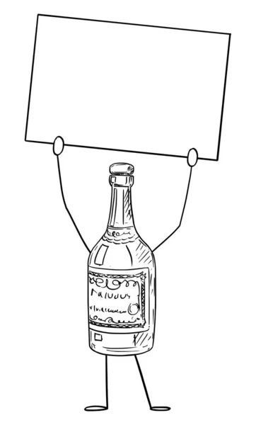 Caráter dos desenhos animados da garrafa do licor que segura o sinal vazio na mão, ilustração do vetor —  Vetores de Stock