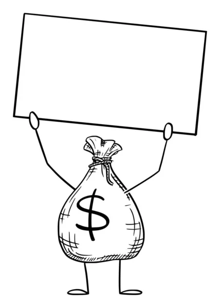 Taška peněz nebo dolarů Cartoon Character Držení prázdné Přihlásit Ruční, Vektorové ilustrace — Stockový vektor