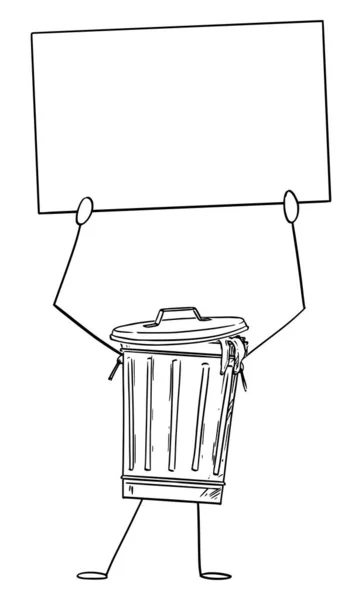Papelera de basura o lata de dibujos animados que sostiene el signo vacío en la mano, ilustración vectorial — Vector de stock