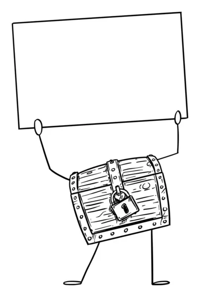 Trésor verrouillé Pirate poitrine personnage de bande dessinée tenant vide signe dans la main, Illustration vectorielle — Image vectorielle