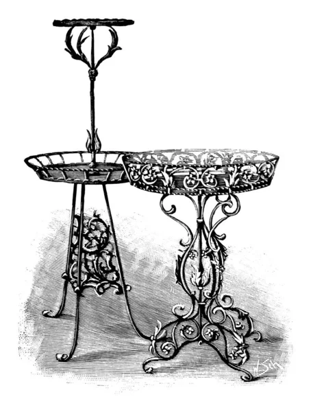 Vintage Antique Line Art Illustration, Drawing or Engraving of Beautiful Ornament Cast Iron Plant Stands or Tables — Stock Vector