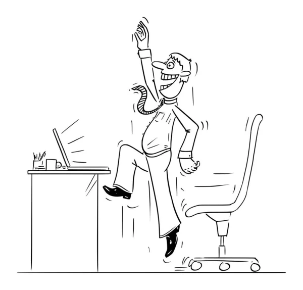 オフィスワーカーのベクトルコミック漫画やコンピュータジャンプや成功を祝うために働く男やビジネスマン — ストックベクタ