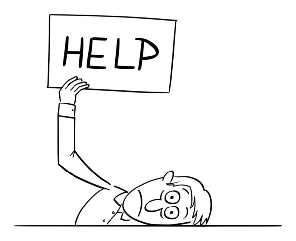 Vector Comic Cartoon of Tired or Frustrated or Sick Man or Businessman Lying on Table and Holding Help Sign, Concept of Stress and Burnout