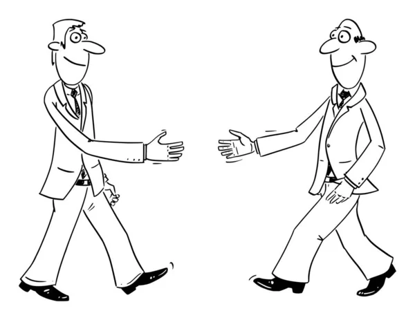 Desenhos animados em quadrinhos vetoriais de dois empresários tremendo as mãos ou aperto de mão —  Vetores de Stock