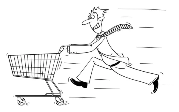 Vektor-Comic von Geschäftsmann oder Mann, der schnell den Einkaufswagen schiebt — Stockvektor
