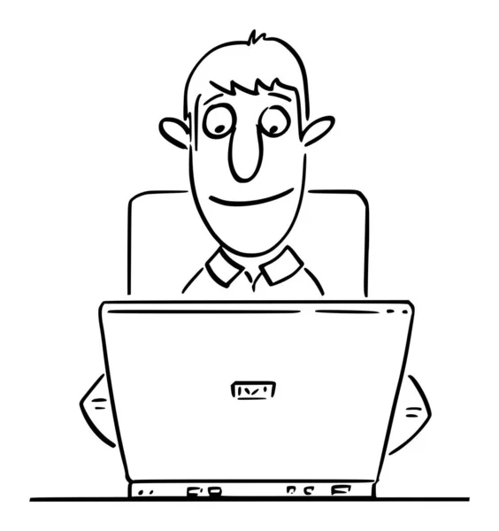 Vector Comic Cartoon of Happy Businessman or Man or Office Worker or Author Typing or Working on Computer - Stok Vektor