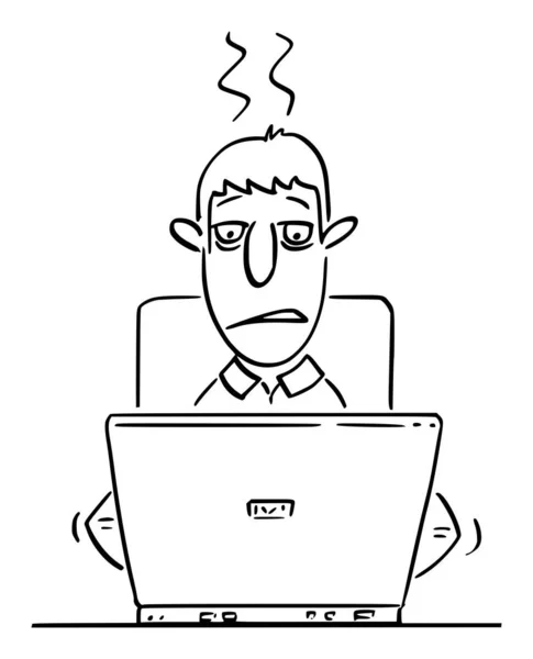 Vector Comic Cartoon of Tired or Overworked Businessman or Man or Office Worker Typing or Working on Computer — Stock Vector