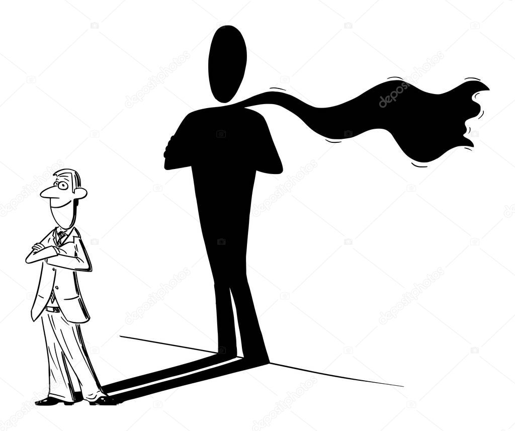 Vector Comic Cartoon of Businessman or Man and His Superhero Shadow on Wall. Business Concept of Self Confidence and Success.