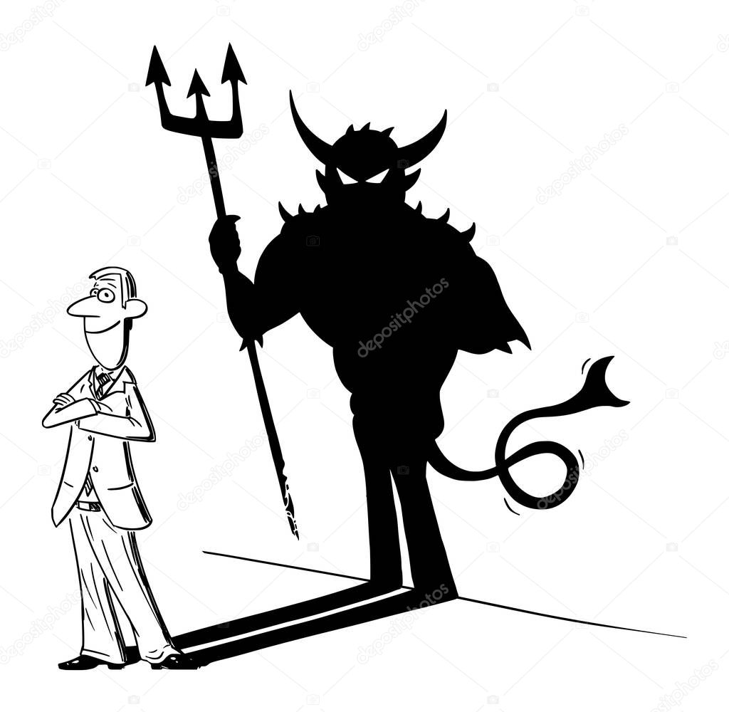 Vector Comic Cartoon of Businessman or Man and His Devil Inside or Monster Shadow on Wall. Business Concept of Inconsiderateness and Success.