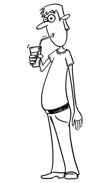 Vector historieta de la historieta del hombre que bebe la soda Pop o el agua o la bebida mareada o la limonada o la bebida por la paja — Vector de stock