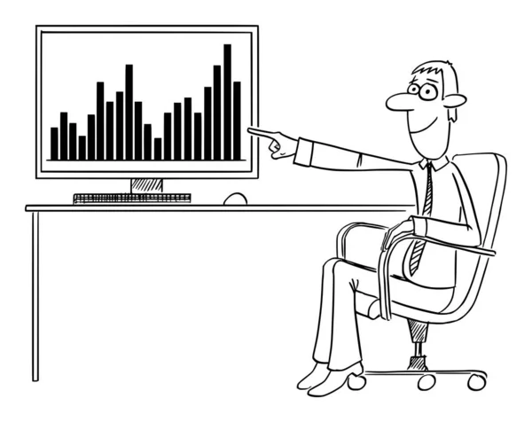 Caricatura cómica vectorial del hombre o del hombre de negocios sentado en la silla de oficina y señalando la pantalla de la computadora con datos o gráfico — Archivo Imágenes Vectoriales
