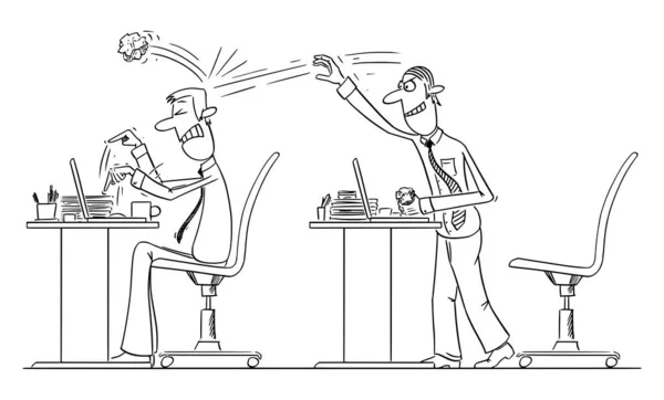 Vector Comic Cartoon of Office Worker or Businessman Throwing Crumpled paper Ball on Colleague (em inglês). Bullying no trabalho . — Vetor de Stock