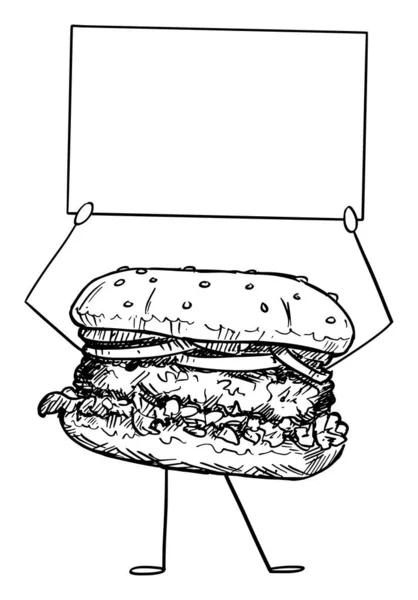 Burger oder Hamburger Comicfigur mit leerem Schild in der Hand, Vektorillustration — Stockvektor