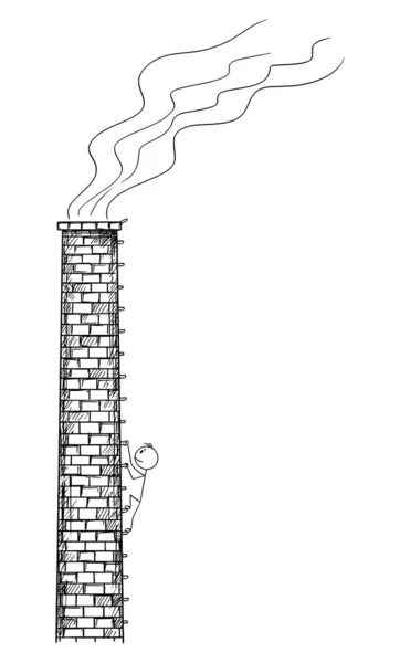 Vector cartoon illustratie van de mens, werknemer of ecoloog klimmen oude fabriek Smokestack of schoorsteen. — Stockvector