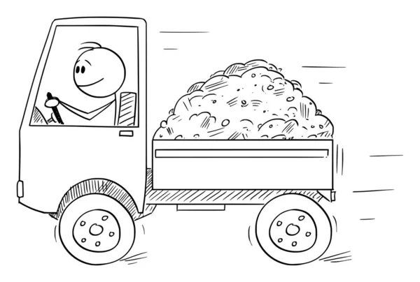 Vector Cartoon Illustratie van Glimlachende Man of Bestuurder Rijden Kleine Truck Geladen door zand of bodem. Concept logistiek en vervoer. — Stockvector