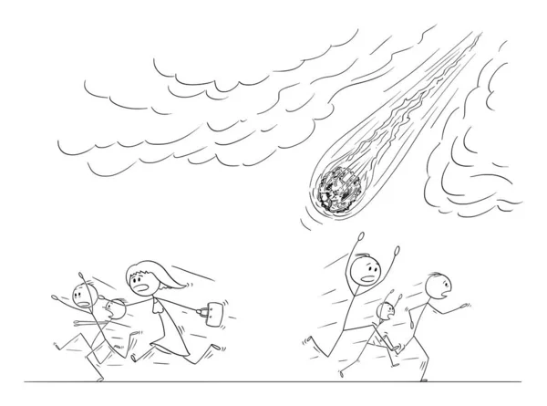 Vector Cartoon Illustration of Group of People or Crowd Running Away in Panic From Falling Meteorite or Asteroid Crashing to Earth — стоковий вектор