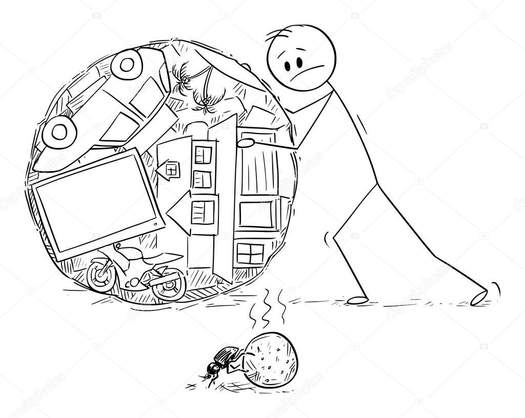 Vector Cartoon Illustration of Superficial Man or Businessman Rolling Ball of His Property or Wealth and Watching Dung Beetle Doing the Same with Excrement .