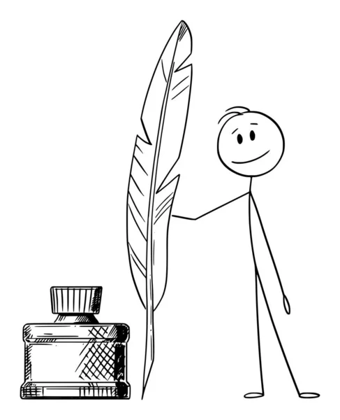 Vector Cartoon Illustration of Man or Writer or Poet With Quill Pen and Ink Bottle. — стоковий вектор
