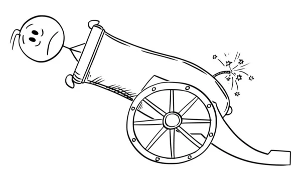 Ilustração dos desenhos animados do vetor do homem ou do homem de negócios carregado na arma grande da artilharia ou no canhão prontos para disparar — Vetor de Stock