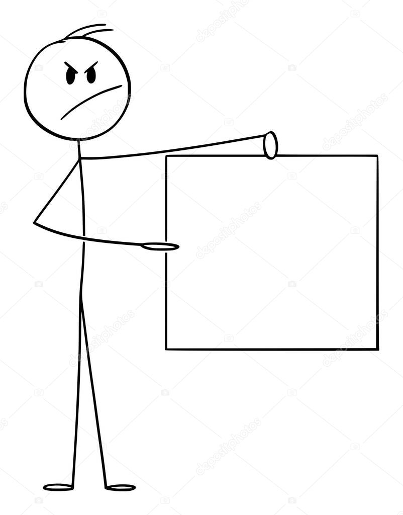 Vector Cartoon Illustration of Angry Man or Businessman Holding Empty Sign.