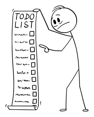 Uzun Yapılacaklar, Yapılacaklar ya da Yapılacaklar Listesi ya da Görev Listesi Tutan Depresyonlu Adam ya da İşadamının Vektör Çizimi