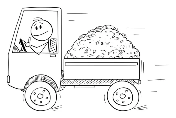 Vector cartoon illustratie van glimlachende man of bestuurder rijden kleine vrachtwagen geladen toont duim omhoog. Logistiek en Transport Business. — Stockvector