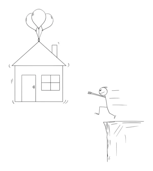 Ilustração dos desenhos animados do vetor do homem que tenta comprar a casa que usa a hipoteca mas que não a financia . —  Vetores de Stock