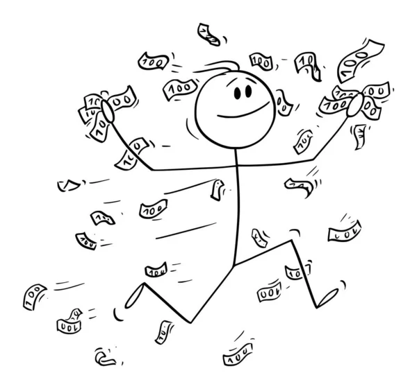Ilustración de dibujos animados vectoriales del hombre feliz o del hombre de negocios que corre bajo la lluvia de la caída del dinero, los billetes o las facturas . — Vector de stock